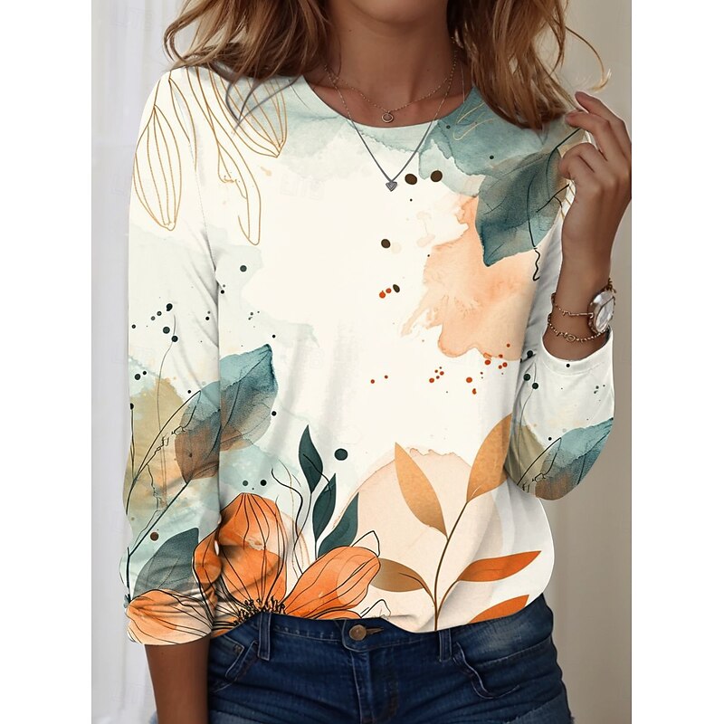 Women's T shirt Crew Neck Long Sleeve Tunic Floral Graphic Casual  Regular Tops Daily Print Yellow Spring Fall