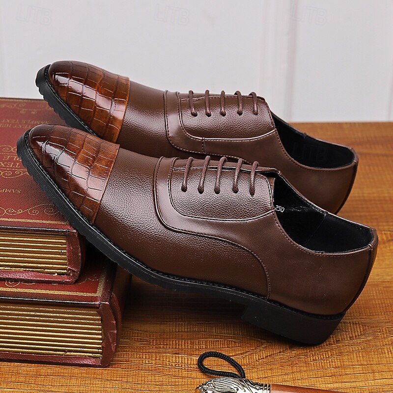 Men's Brown Faux Leather Oxford Shoes with Crocodile-Patterned Toe Cap – Lace-Up Design, Stylish and Comfortable for Casual or Formal Occasions4