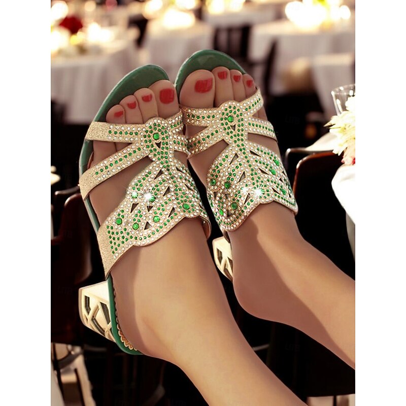 Gold and Green Rhinestone Embellished Heeled Sandals - Women's Glamorous Evening Shoes