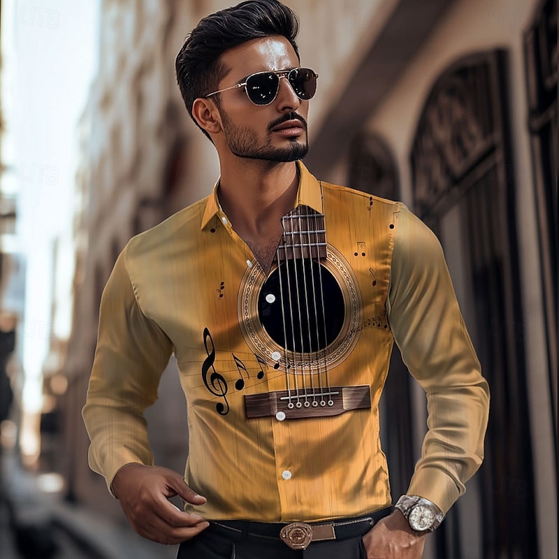 Men's Guitar Musical Instrument Satin Shirt Dress Shirt Button Up Shirt Long Sleeve Fashion Casual Vacation Daily Evening Party Summer Spring Fall Turndown Collared Shirts 3D Print Yellow2
