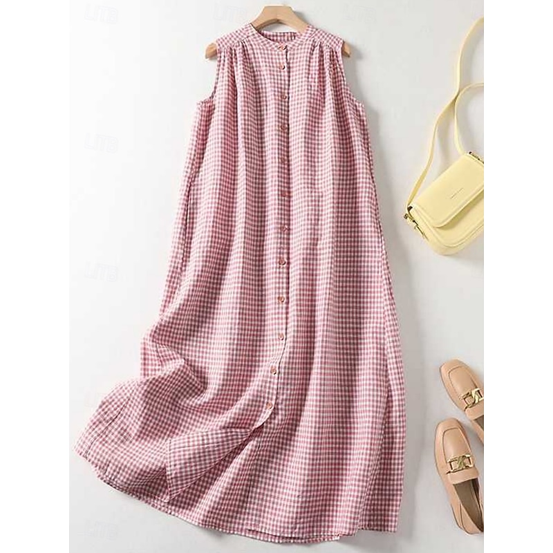Women's Maxi Dress Cotton Linen Dresses Casual Dress Tank Dress Cotton Maxi Dress Basic Casual Vacation Daily Regular Fit Plaid Sleeveless V Neck Red Summer