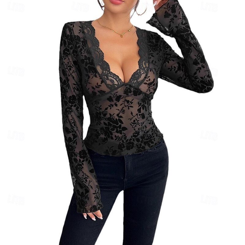 Women's Dressy Tops Sexy Long Sleeve V Neck Regular Tops Lace Black Summer Spring2