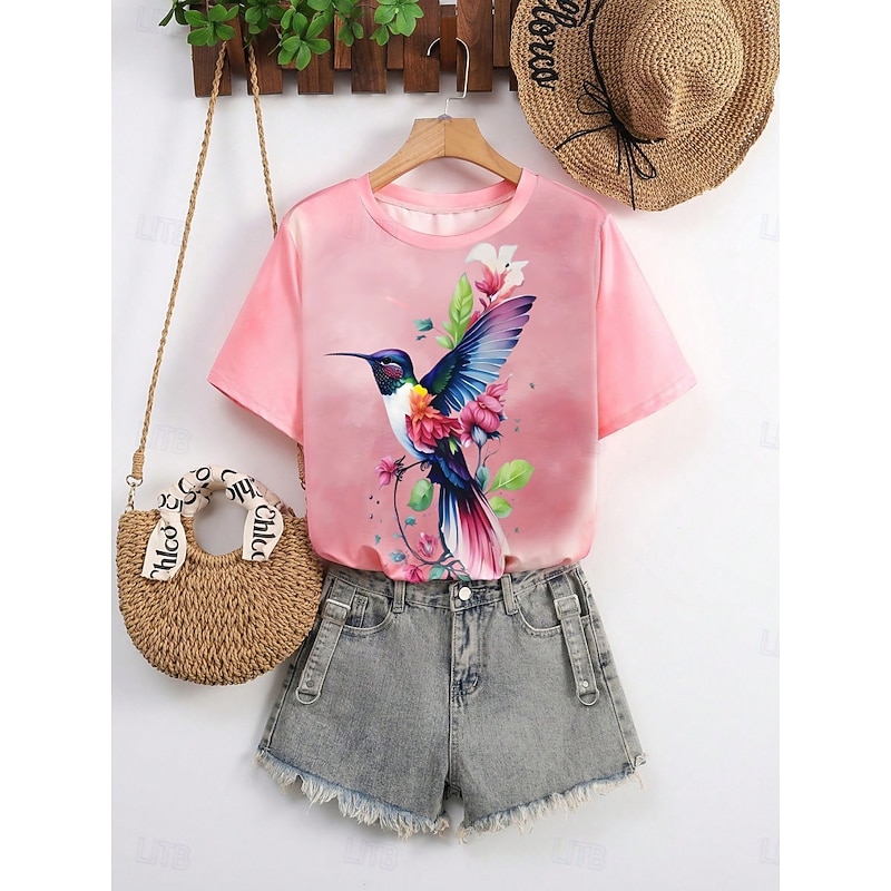 Women's T Shirt Floral Bird Casual Short Sleeve Round Neck Regular Tops Daily Print Pink Summer3