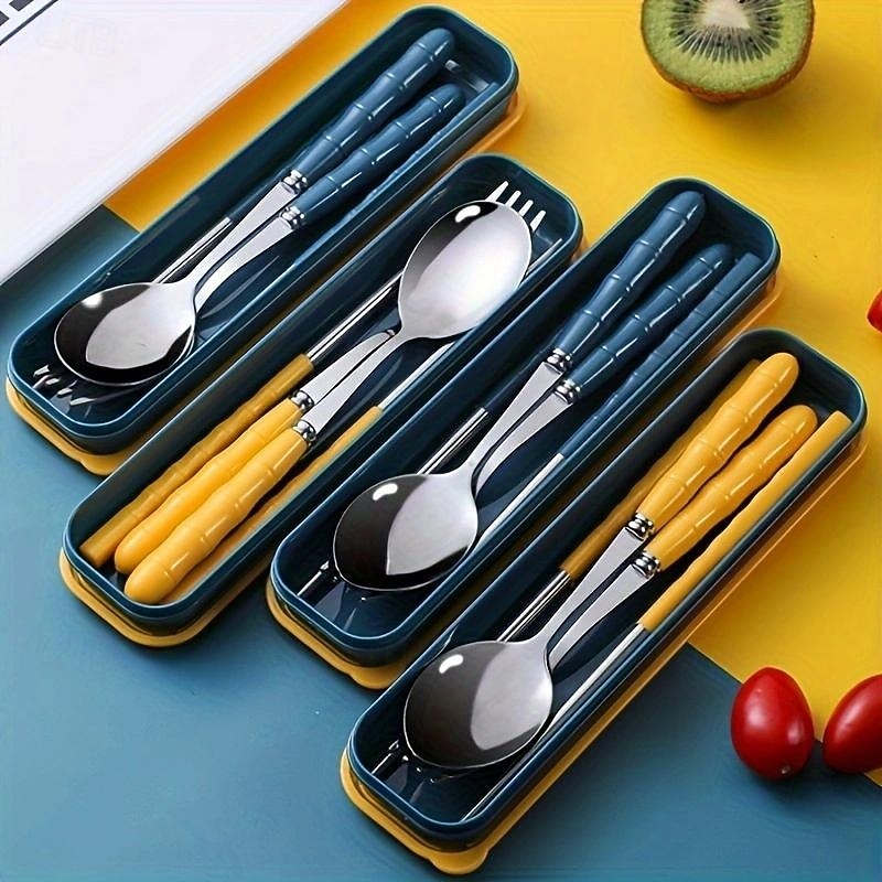 3-in-1 Stainless Steel Camping Utensils Set With Reusable Plastic Cover Portable Spoon Fork Chopsticks Set For Camping Picnic - Main Image