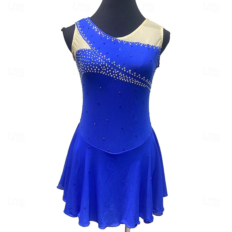Figure Skating Dress Women's Girls' Ice Skating Dress Blue Patchwork Asymmetric Hem Mesh Spandex Stretchy Training Practice Professional Skating Wear Crystal / Rhinestone Sleeveless Figure Skating