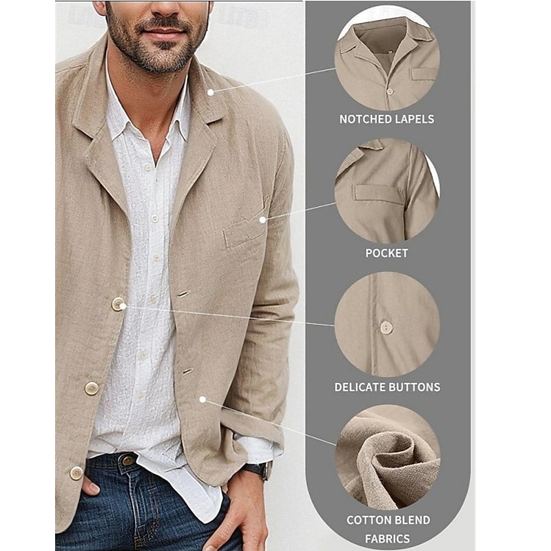 Men's Graduation Blazer Business Cocktail Party Wedding Party Fashion Casual Spring Autumn / Fall Linen Solid Color Pocket Buttons Comfortable Single Breasted Blazer Black Brown khaki Army Green2