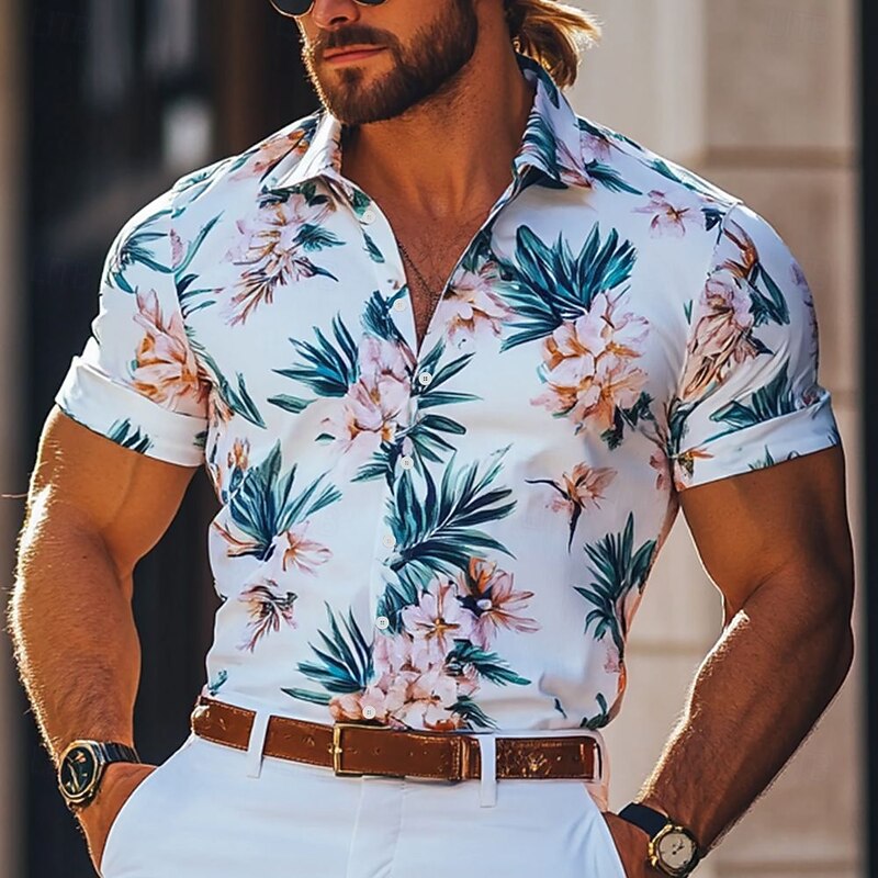 Men's Floral Print Flowers Summer Hawaiian Shirt Button Up Shirt Aloha Shirt Short Sleeve Hawaiian Resort Vacation Holiday Beach Wear Summer Spring Turndown Collared Shirts White