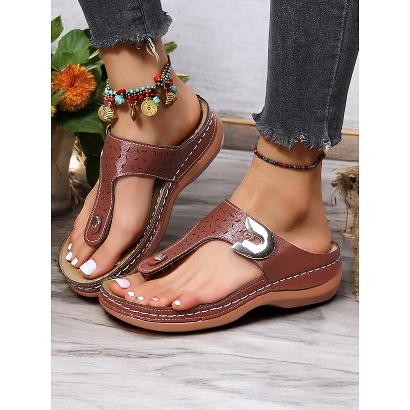 Women's Brown  Faux Leather Flip-Flop Sandals with Perforated Design and Metallic Accent for Casual Wear and Summer Outings