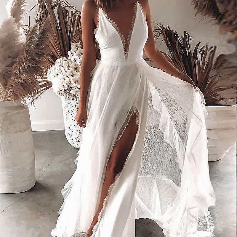 Women's Maxi Dress Graduation Dress Casual Dress A Line Dress Summer Dress Stylish Sexy Vacation Daily Date Regular Fit Plain Sleeveless V Neck White Summer3