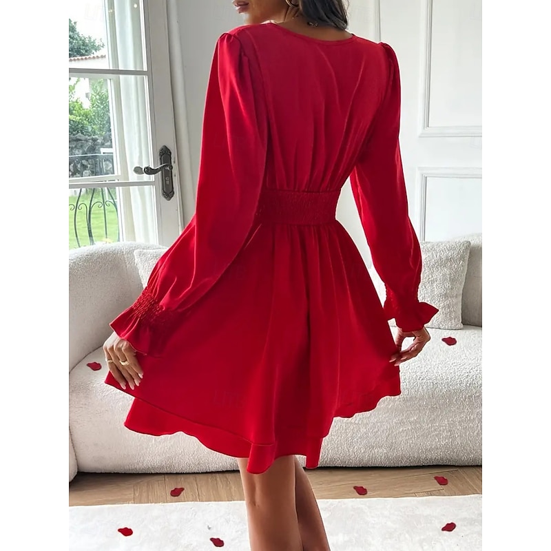 Women's Mini Dress Casual Dress A Line Dress Stylish Casual Vacation Daily Regular Fit Plain Long Sleeve V Neck Black Red Summer Spring2