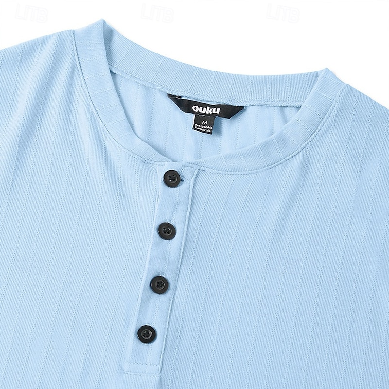 Men's Henley Shirt Short Sleeve Shirt Ribbed Knit tee Tee Top Short Sleeve Solid Color Daily Hawaiian Buttons Henley Outdoor Street Causal Summer Light Blue White Brown Henley T-Shirt3