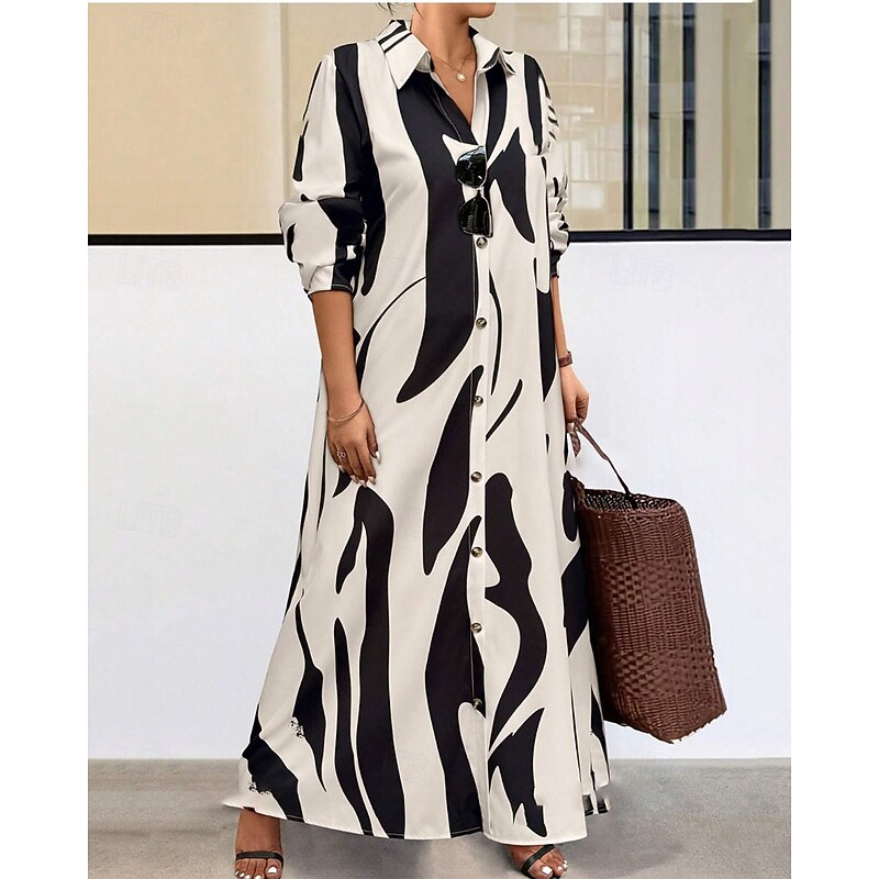 Women's Long Dress Maxi Dress Shirt Dress Casual Dress Summer Dress Stylish Casual Vacation Daily Date Regular Fit Floral Graphic Long Sleeve Lapel Black And White Black Blue Orange Summer Spring4