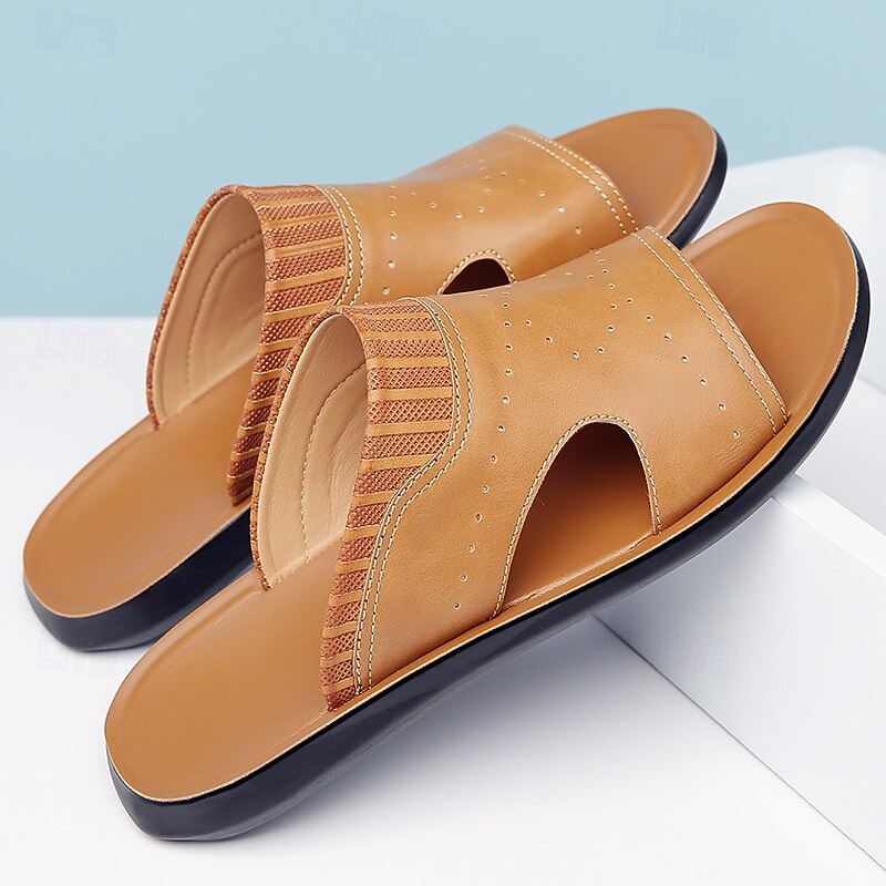 Men's Open-Toe Embossed Faux Leather Sandals – Casual Slip-On Design with Breathable Perforations for Summer Outdoor Wear2