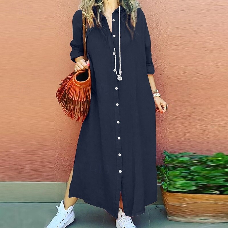 Women's Long Dress Maxi Dress Linen-Inspired Dresses Shirt Dress Casual Dress Cotton Linen Dress Stylish Casual Vacation Daily Date Regular Fit Plain Long Sleeve Lapel Pink Navy Blue Brown Summer
