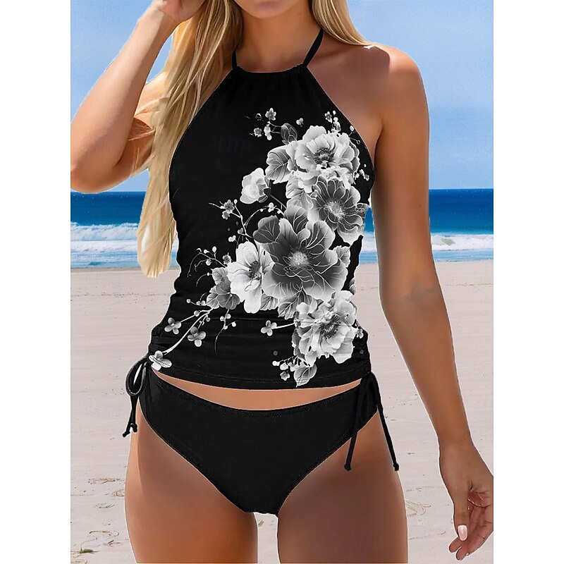 Women's Swimsuits Tankini 2 Piece Cheeky Swimsuit Backless Vacation Beach Wear Floral Halter Neck Sleeveless Bathing Suits