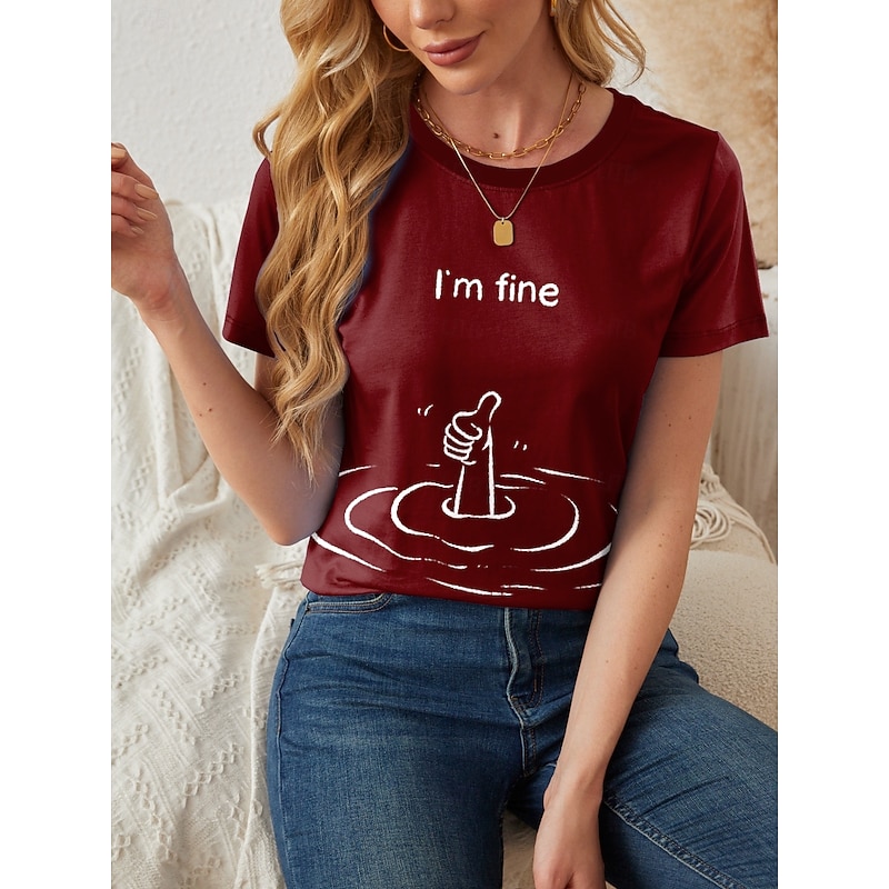 Women's T Shirt Letter Casual Short Sleeve Round Neck Regular Tops Daily Print Pink Red Blue Summer