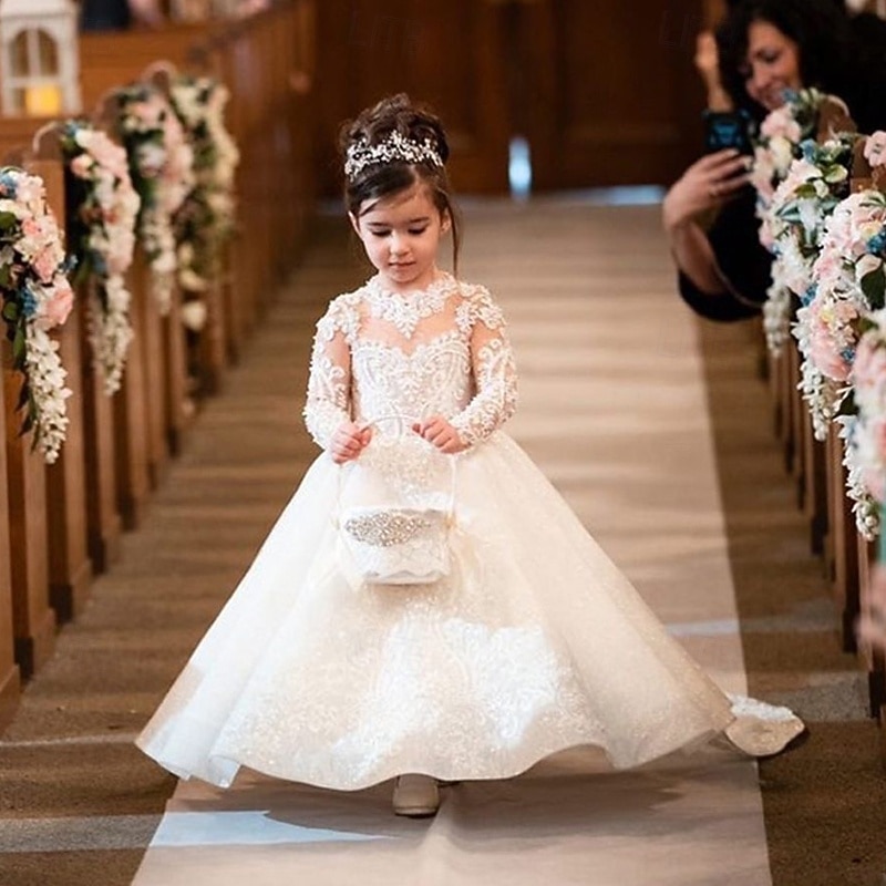 Flower Girl Dress Kid's Girls' Princess Dress Performance Wedding Party Elegant Beautiful Lace Mesh Solid Color Long Sleeve Crew Neck White 4 years+