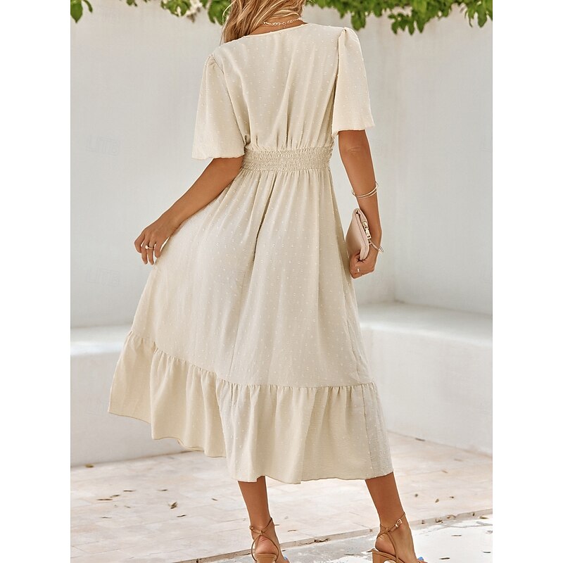 Women's Midi Dress Casual Dress A Line Dress Stylish Basic Casual Vacation Daily Regular Fit Plain Short Sleeve V Neck Apricot Summer Spring2