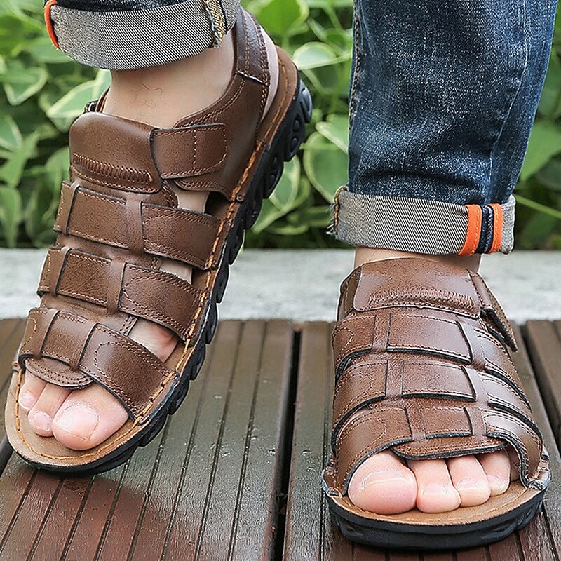 Men's Brown Faux Leather Sandals – Adjustable Straps, Breathable Design, Casual Outdoor Footwear for Summer Activities4