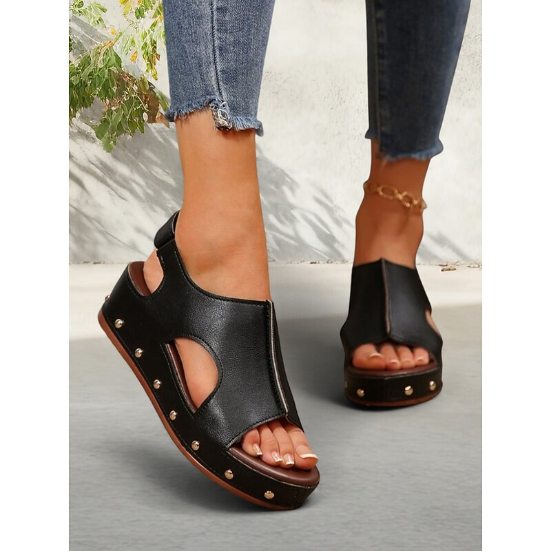 Women's Black Cut-Out Wedge Sandals with Studded Detailing and Comfortable Platform Sole - Trendy Summer Footwear for Casual and Beach Outings2