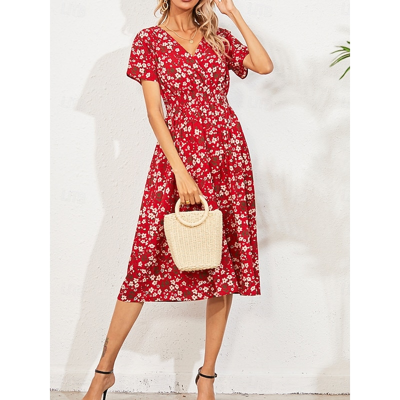 Women's Midi Dress Casual Dress Swing Dress A Line Dress Stylish Casual Vacation Daily Regular Fit Floral Short Sleeve V Neck Black White Yellow Pink Summer3