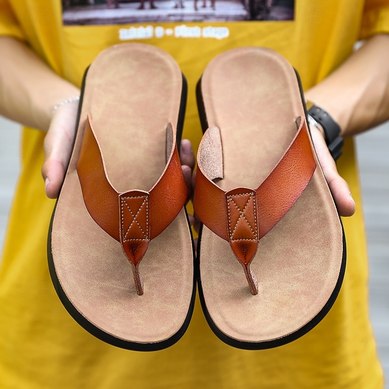 Men's Brown Faux Leather Flip Flops - Casual Open-Toe Summer Sandals with Comfortable Sole for Beach and Everyday Wear