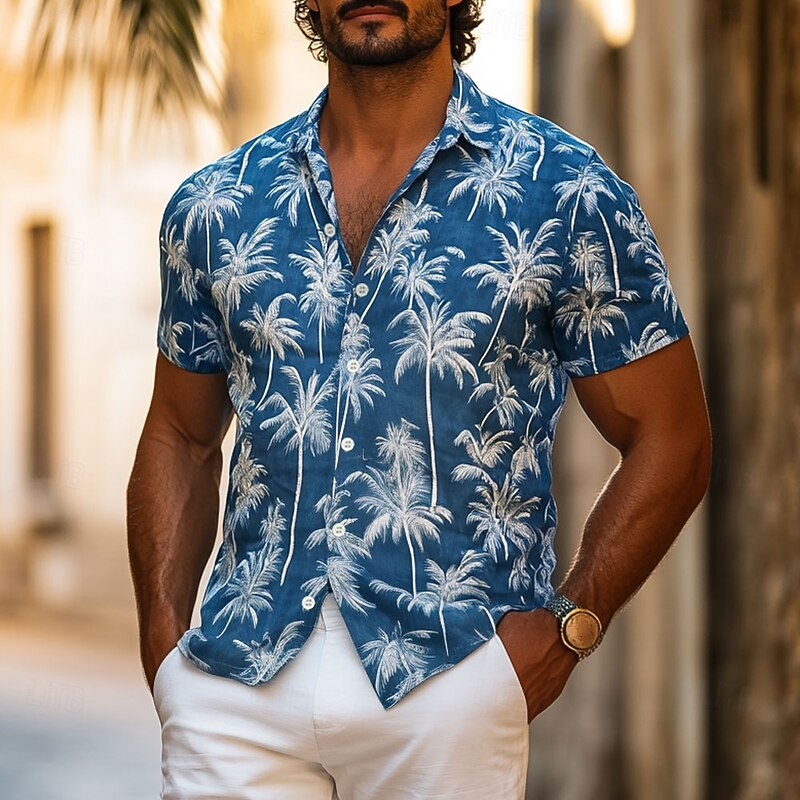 Men's Coconut Tree Tropical Plants Summer Hawaiian Shirt Button Up Shirt Aloha Shirt Short Sleeve Hawaiian Resort Vacation Holiday Beach Wear Summer Spring Turndown 3D Print Collared Shirts Blue