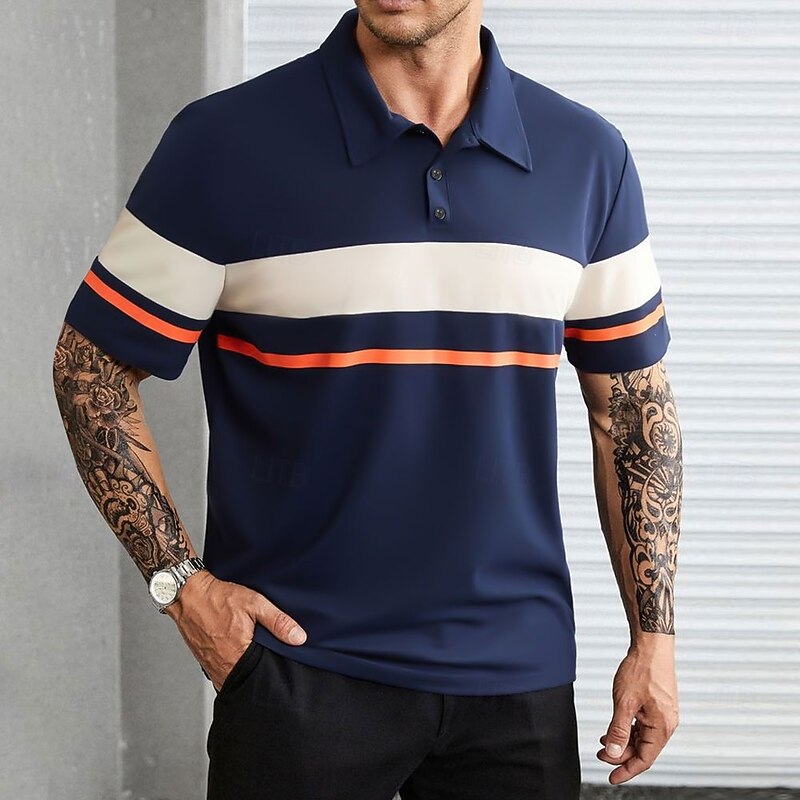 Men's Striped Rugby Polo Short Sleeve Polo Shirts Collared Shirts Casual School Outdoor Sports Daily Wear 3D Print Summer Red Blue Purple
