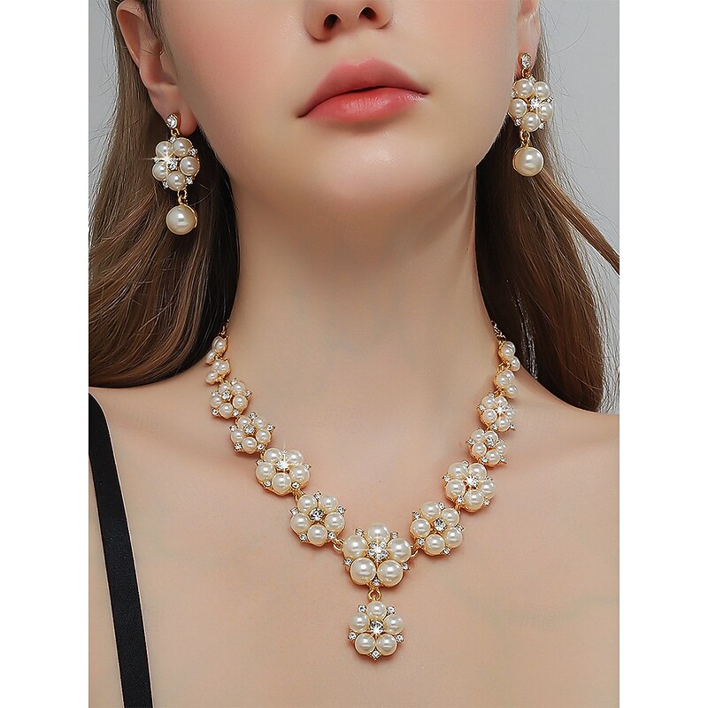 Women's Faux Pearl and Rhinestone Jewelry Set – Elegant Necklace and Earrings for Weddings, Parties and Special Occasions2