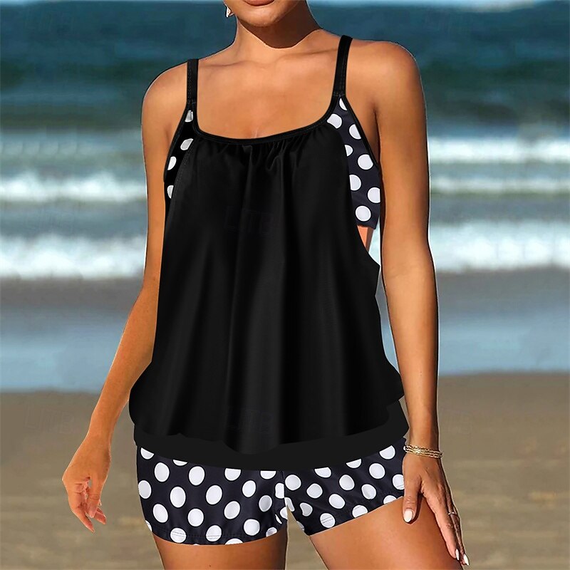 Women's Tankini Two Piece Swimsuit Racerback Swimwear Spot Swimwear Black Red Breathable Quick Dry Lightweight Sleeveless - Swimming Surfing Beach Summer Spring2