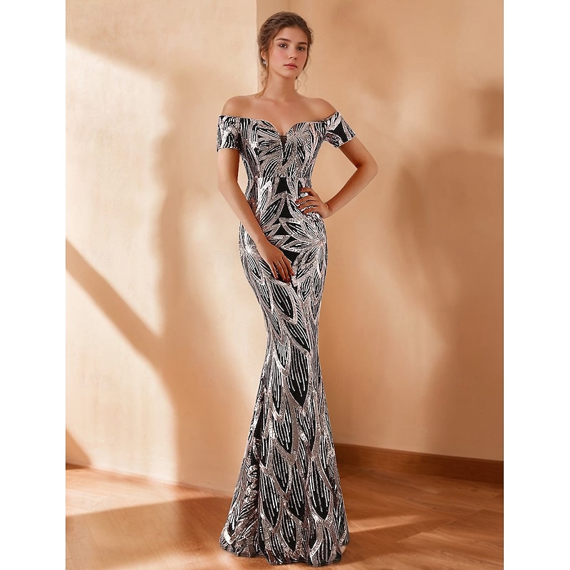 Mermaid / Trumpet Evening Gown Elegant Dress Formal Wedding Floor Length Sleeveless Off Shoulder Sequined with Glitter Tassel3