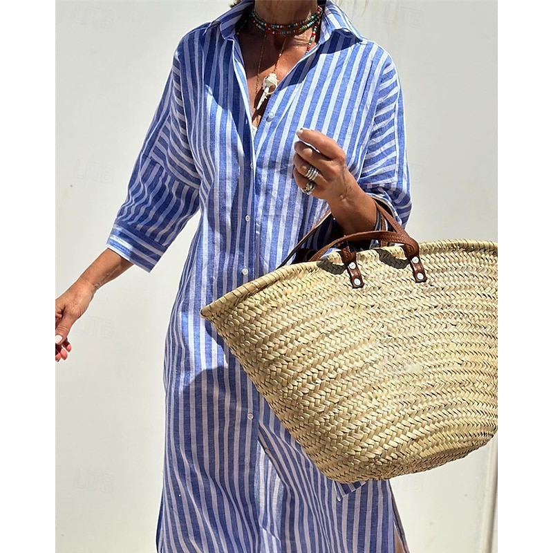Women's Long Dress Maxi Dress Cotton Linen Dresses Shirt Dress Casual Dress Cotton Linen Dress Stylish Casual Vacation Daily Date Regular Fit Stripe Long Sleeve Lapel Yellow Light Green Red Royal Blue