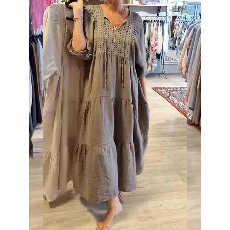 Women's Maxi Dress Linen-Inspired Dresses White Dress Sundress White Cotton Dress Casual Vacation Daily Loose Fit 3/4 Length Sleeve Notched Neck Khaki Beige Summer Spring4