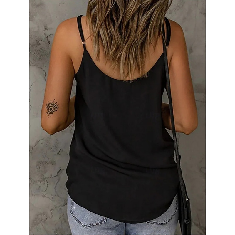 Women's Camisole Tank Top Solid Color Stylish Casual Sleeveless Strap Regular Tops Daily Mesh Patchwork Black White Summer2