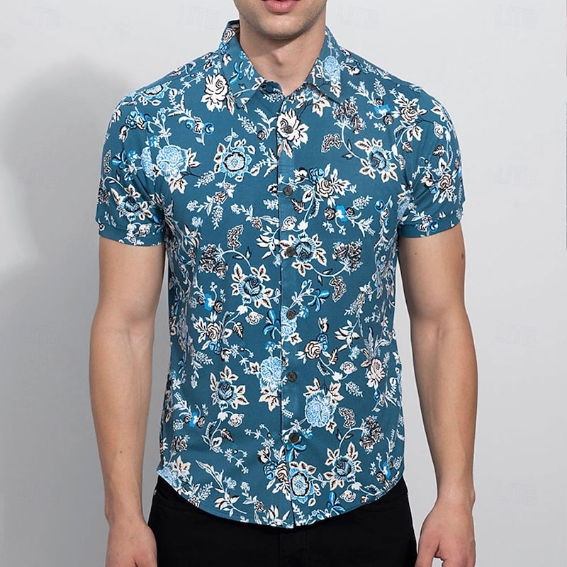 Men's Floral Flowers Summer Hawaiian Shirt Aloha Shirt Short Sleeve Hawaiian Resort Vacation Holiday Beach Wear Summer Spring Turndown Button Up Blue2