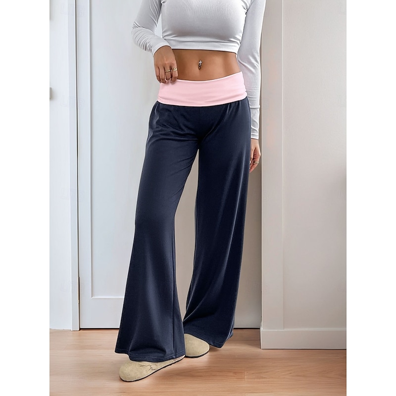 Women's Wide Leg Chinos Fashion Streetwear Full Length Low Waist Plain Elastic Waistband Comfy Soft Comfortable Micro-elastic Outdoor Street Navy Blue Spring Fall Regular Fit4