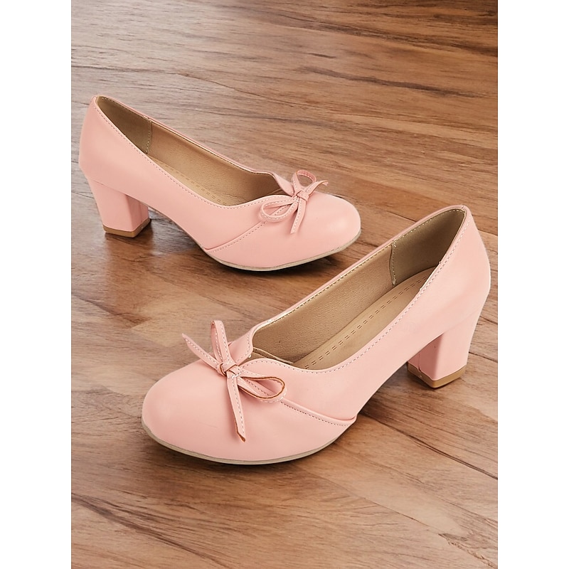 Women's Heels Retro Work Daily Bowknot Chunky Heel Round Toe Elegant Vintage Cute PU Loafer Almond Black White
