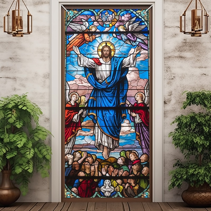 Jesus Door Decorations Door Covers Stained Glass Effect Door Tapestry Door Curtain Decoration Backdrop Indoor/Outdoor Door Banner for Front Door Farmhouse