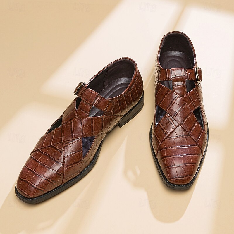 Men's Brown Crocodile Pattern Faux Leather  Sandals – Elegant Breathable Formal Shoes for Summer Weddings and Parties2