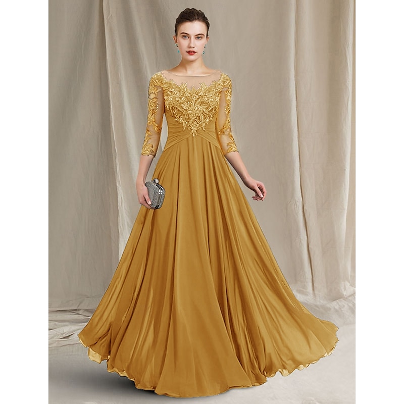 A-Line Mother of the Bride Dress Elegant Jewel Neck Floor Length Chiffon Lace 3/4 Length Sleeve with Pleats Appliques4
