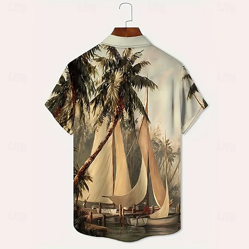 Men's Coconut Tree Sailboat Summer Hawaiian Shirt Button Up Shirt Short Sleeve Vintage Retro Vacation Holiday Beach Wear Summer Spring Turndown Collared Shirts Khaki2