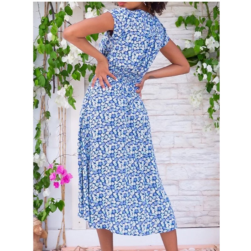 Women's Work Dress Casual Dress A Line Dress Elegant Office Daily Workfashion Midi Dress Pocket V Neck Short Sleeve Floral Regular Fit Yellow Red Blue Summer Spring S M L XL 2XL2