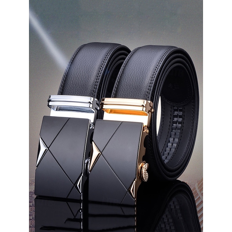 Men's Adjustable Black Leather Belt with Elegant Metal Buckle - Genuine Leather, Customizable Length, Perfect for Business Casual & Wedding Occasions