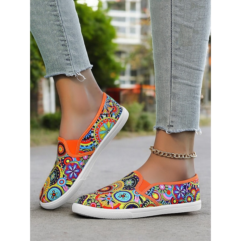 Women's Vibrant Mandala Print Slip-On Canvas Shoes – Casual and Comfortable Flats for Everyday Wear and Travel