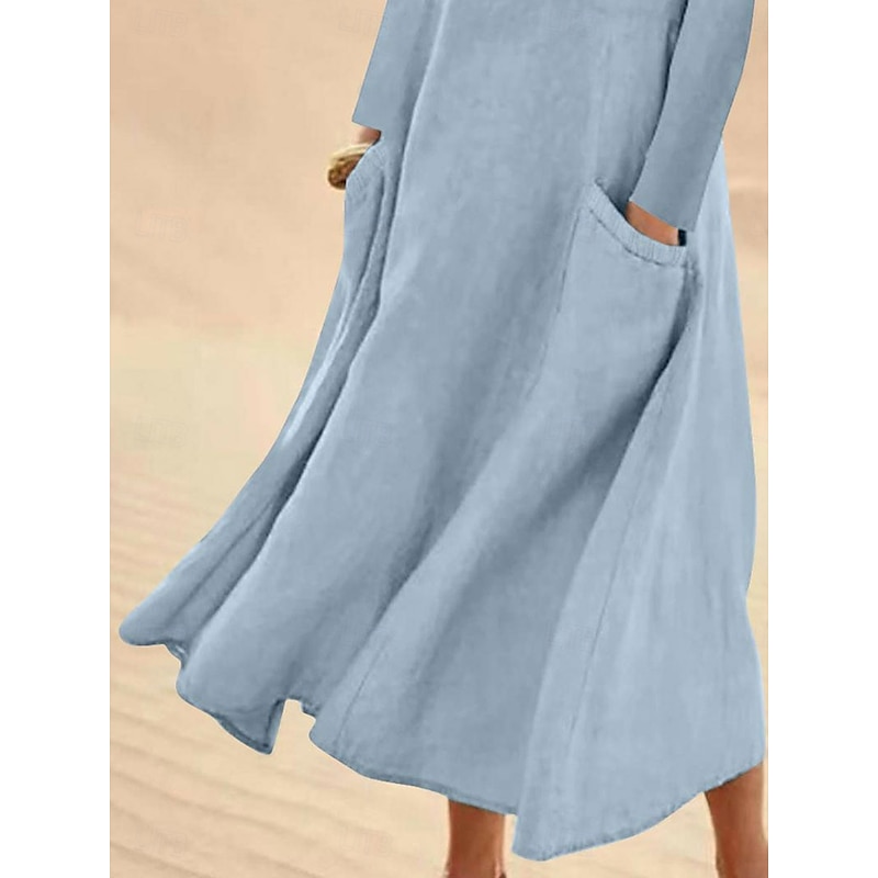 Women's Midi Dress Cotton Linen Dresses Elegant Stylish Basic Vacation Daily Date Loose Fit Plain Long Sleeve Crew Neck White Light Green Pink Sky Blue Spring Fall4