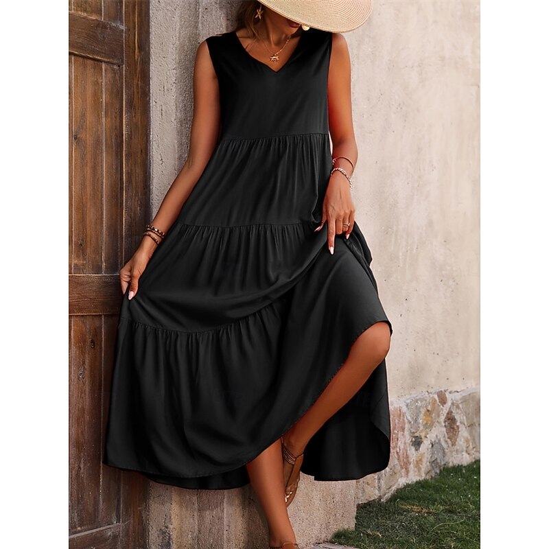Women's Maxi Dress Casual Dress Swing Dress A Line Dress Stylish Basic Casual Vacation Daily Regular Fit Plain Sleeveless V Neck Black Yellow Red Fuchsia Summer Spring4