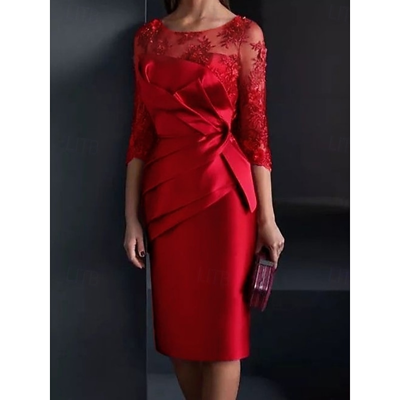 Sheath Mother of the Bride Dress Wedding Guest Elegant Illusion Neck Knee Length Satin Lace 3/4 Length Sleeve with Appliques Ruching4