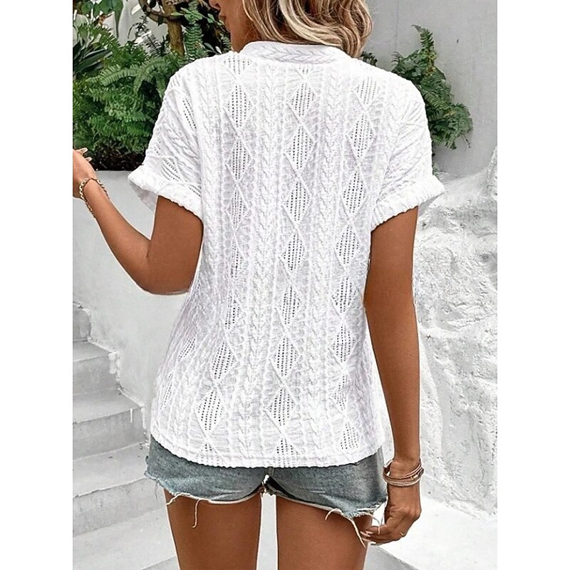 Women's T Shirt Plain Fashion Modern Casual Short Sleeve V Neck Regular Tops Daily Weekend Eyelet White Pink Sky Blue Khaki Summer Spring2