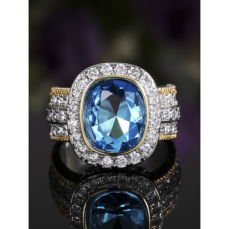 Luxury Blue Simulated Diamond Cocktail Ring – Vintage-Inspired Statement Jewelry with Crystal Accents for Women, Perfect for Weddings and Special Events