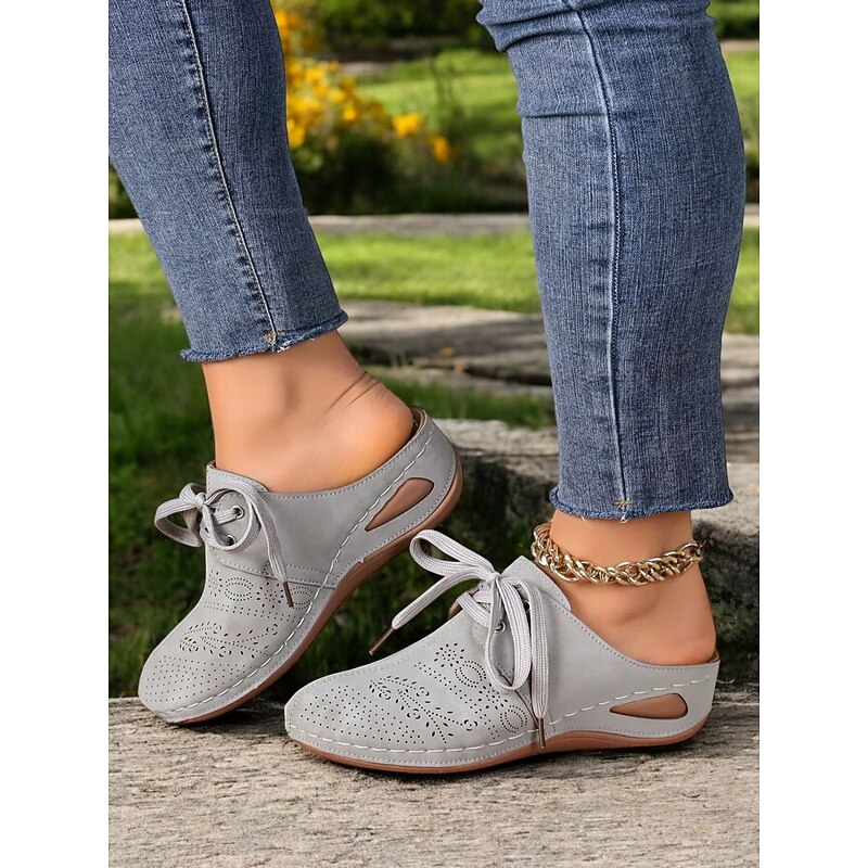Women's Perforated Wedge Mules with Soft Sole and Decorative Stitching – Casual Vintage Shoes for Daily Wear and Outdoor Activities2